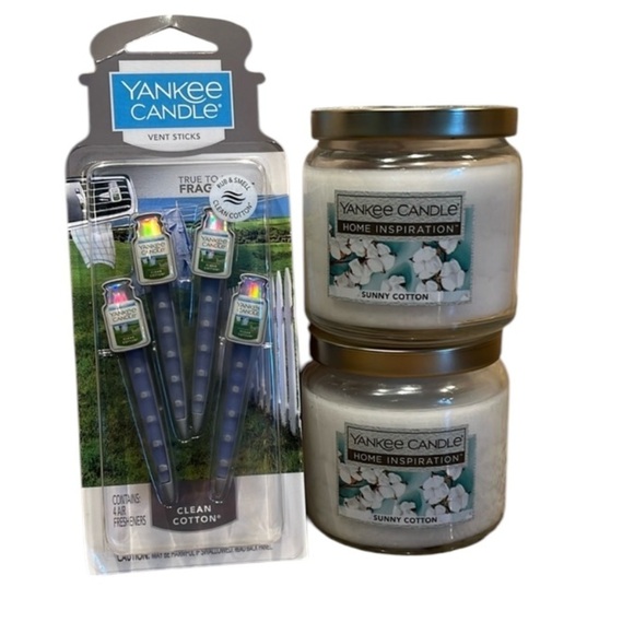 Yankee Candle Bundle 2 Sunny Cotton 5 Oz Jars and 1 Clean Cotton Vent Sticks - Picture 1 of 4